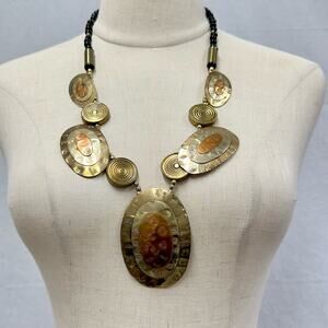 Vintage 80s hammered metal medallion disc gold bronze silver statement necklace